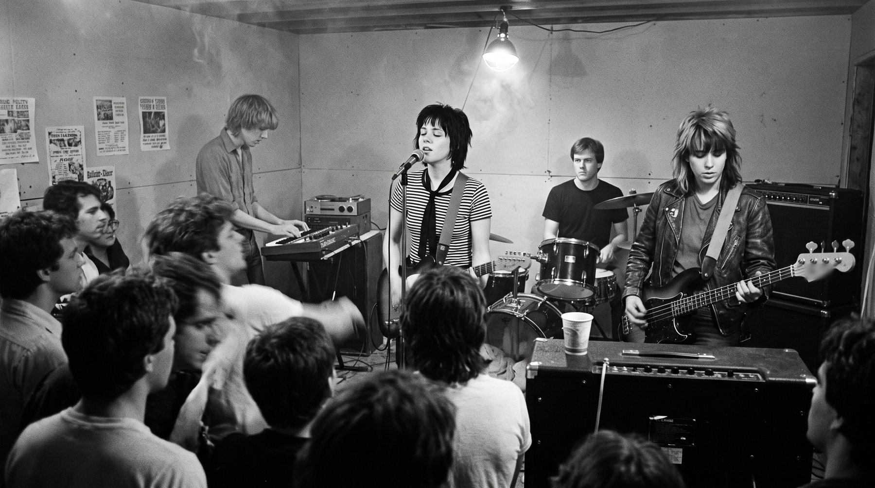 A small, packed college-town room in spring 1986, a band mid-song under a single light, the bass player and singer in front